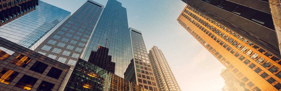 Low angle view of financial district buildings